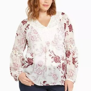 Torrid Floral Print Chiffon Lace Inset Top – White M/L